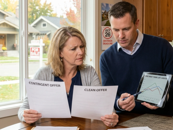 Seller with realtor examining contingent offer paperwork while comparing to clean offer. Agent shows market context on tablet. Calendar suggests timing considerations. Thoughtful weighing-options expressions. Boise neighborhood through window.