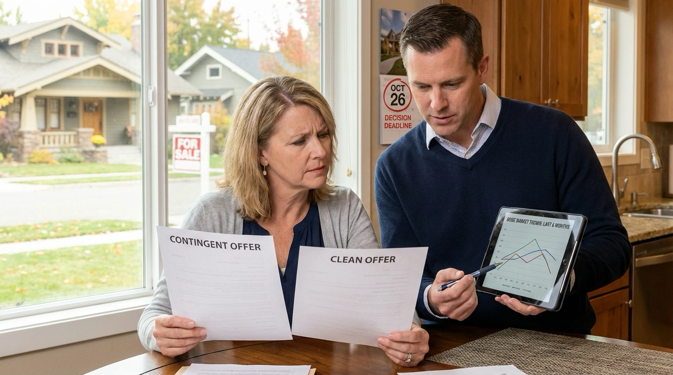 Seller with realtor examining contingent offer paperwork while comparing to clean offer. Agent shows market context on tablet. Calendar suggests timing considerations. Thoughtful weighing-options expressions. Boise neighborhood through window.
