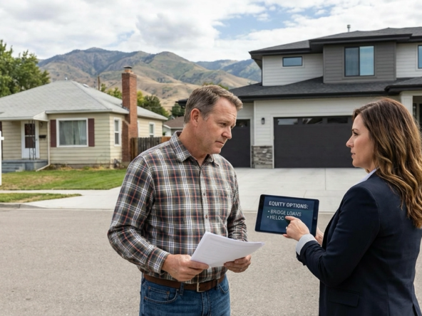 Homeowner in driveway between current home and new home listing photo, consulting with mortgage broker about equity extraction options including bridge loans and HELOC alternatives. Thoughtful risk-assessment expression. Treasure Valley neighborhood with mountain backdrop showing move-up landscape.