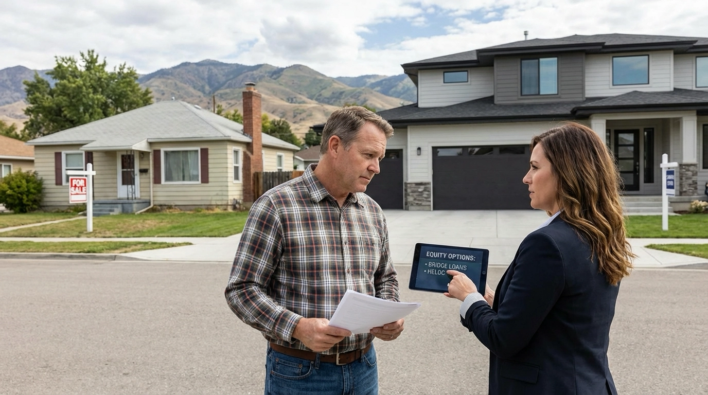 Homeowner in driveway between current home and new home listing photo, consulting with mortgage broker about equity extraction options including bridge loans and HELOC alternatives. Thoughtful risk-assessment expression. Treasure Valley neighborhood with mountain backdrop showing move-up landscape.