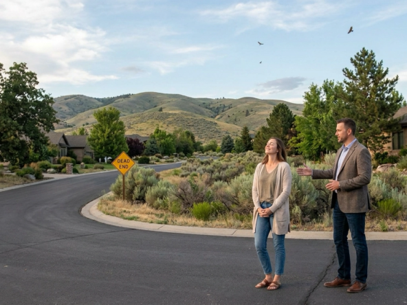 Peace-seeking buyer in quiet Boise foothills cul-de-sac taking in tranquil atmosphere. No through-traffic, mature trees, generous spacing between homes. Birds in quiet sky. Agent softly pointing to peaceful features—dead-end streets, larger lots, natural buffers. Buyer's calm relief from urban noise evident. Secluded private setting with mountain backdrop.