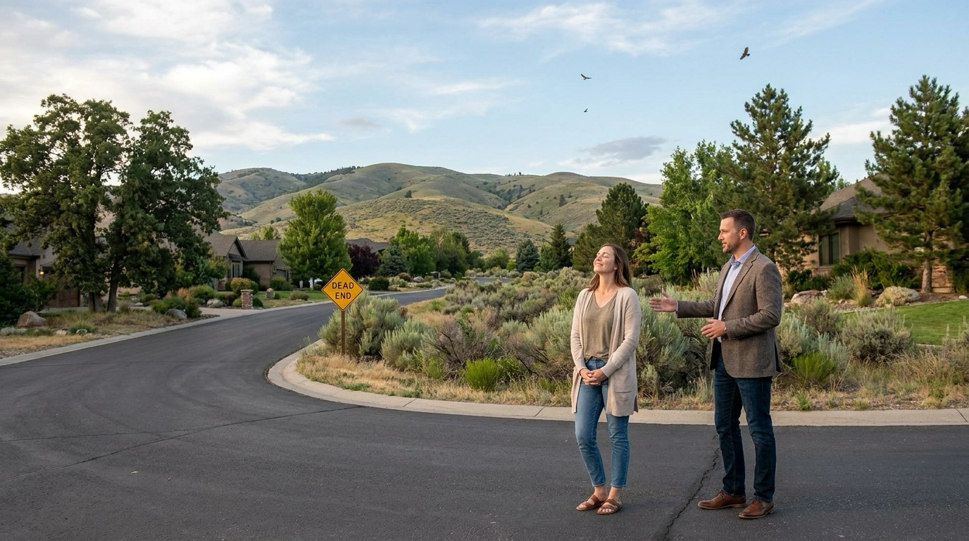 Peace-seeking buyer in quiet Boise foothills cul-de-sac taking in tranquil atmosphere. No through-traffic, mature trees, generous spacing between homes. Birds in quiet sky. Agent softly pointing to peaceful features—dead-end streets, larger lots, natural buffers. Buyer's calm relief from urban noise evident. Secluded private setting with mountain backdrop.