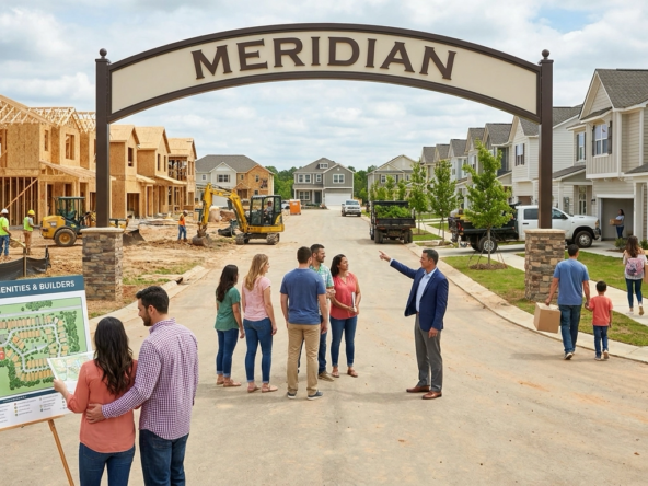 Buyers at entrance of new Meridian development viewing modern homes in construction stages with sales agent pointing out different builder communities. Active construction, landscaping installation, families moving in visible. Buyer reviewing amenity map showing parks and schools. Multiple builder styles and options evident in developing neighborhood landscape.