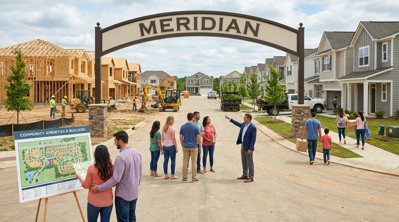 Buyers at entrance of new Meridian development viewing modern homes in construction stages with sales agent pointing out different builder communities. Active construction, landscaping installation, families moving in visible. Buyer reviewing amenity map showing parks and schools. Multiple builder styles and options evident in developing neighborhood landscape.