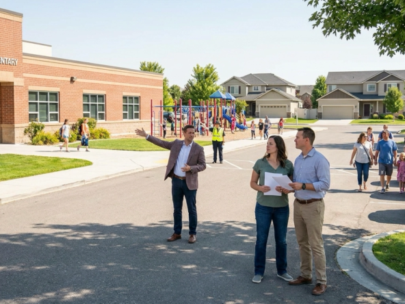 Parent buyers outside highly-rated elementary school at pickup time observing active environment with children and families. Agent pointing out quality indicators—facilities, parent engagement, safety. Parents evaluating education environment firsthand beyond online ratings. School building and playground showing educational investment. Surrounding neighborhood reflecting school district premium. Meridian or Eagle school setting.