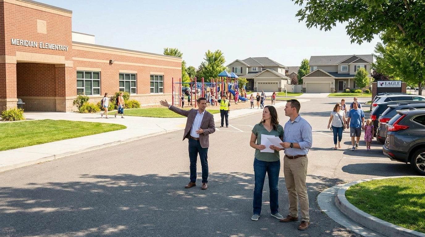 Parent buyers outside highly-rated elementary school at pickup time observing active environment with children and families. Agent pointing out quality indicators—facilities, parent engagement, safety. Parents evaluating education environment firsthand beyond online ratings. School building and playground showing educational investment. Surrounding neighborhood reflecting school district premium. Meridian or Eagle school setting.