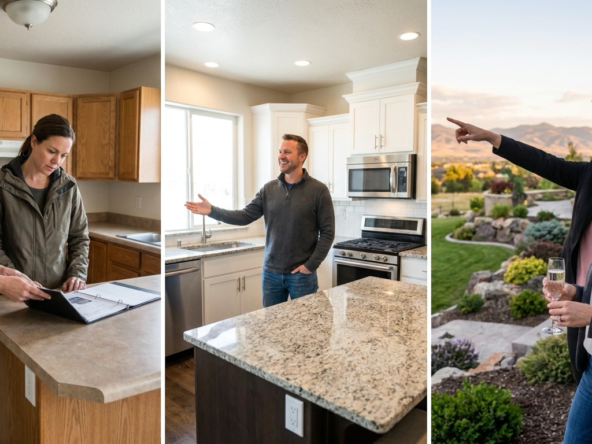 Buyer touring three properties showing market tiers—modest Boise starter home, spacious updated Eagle home, luxury custom estate with premium lot. Progressive upgrade journey showing size, finishes, location differences. Agent guiding buyer through value spectrum. Expressions evolving from practical to aspirational across price points. Treasure Valley housing diversity evident through touring progression.