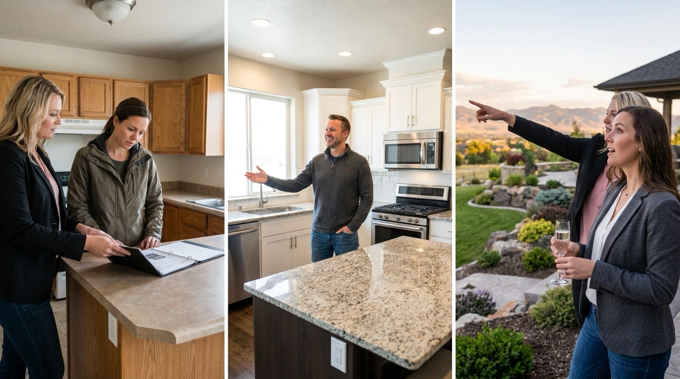 Buyer touring three properties showing market tiers—modest Boise starter home, spacious updated Eagle home, luxury custom estate with premium lot. Progressive upgrade journey showing size, finishes, location differences. Agent guiding buyer through value spectrum. Expressions evolving from practical to aspirational across price points. Treasure Valley housing diversity evident through touring progression.