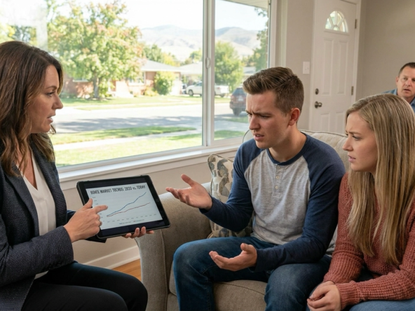 Confused first-time buyer in Boise showing with agent patiently correcting market misconceptions using tablet context. Buyer showing outdated pandemic-era expectations while agent reveals current reality. Educational teaching moment with assumptions being challenged by data. Another buyer visible learning similarly. Boise home interior.