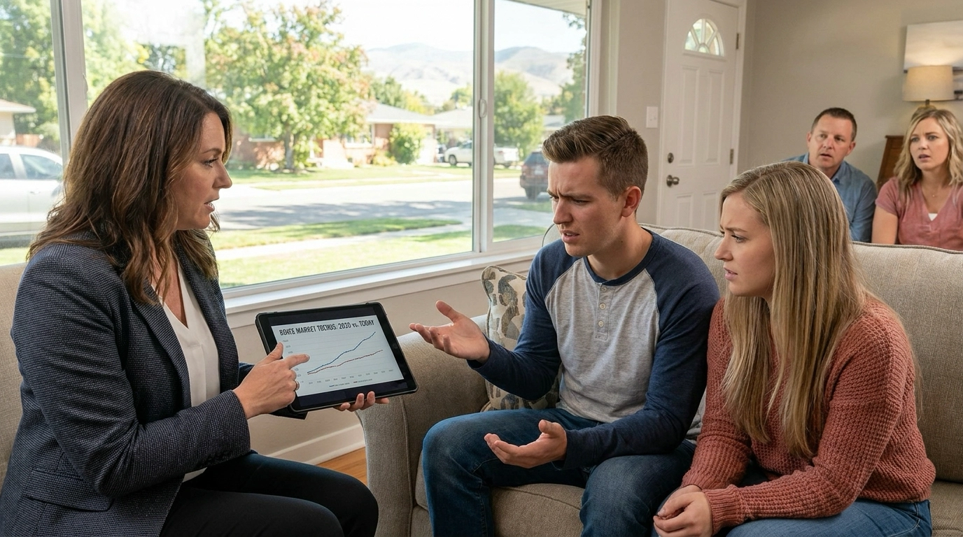 Confused first-time buyer in Boise showing with agent patiently correcting market misconceptions using tablet context. Buyer showing outdated pandemic-era expectations while agent reveals current reality. Educational teaching moment with assumptions being challenged by data. Another buyer visible learning similarly. Boise home interior.