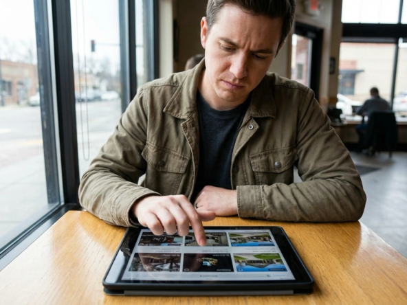 Buyer in coffee shop rapidly scrolling through listings on tablet, skipping poorly lit cluttered photos while saving professionally photographed bright homes. Agent shows data proving professional photos get 47% more engagement. Screen displays quality comparison examples. Boise coffee shop setting.