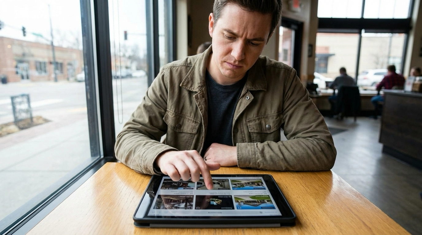Buyer in coffee shop rapidly scrolling through listings on tablet, skipping poorly lit cluttered photos while saving professionally photographed bright homes. Agent shows data proving professional photos get 47% more engagement. Screen displays quality comparison examples. Boise coffee shop setting.