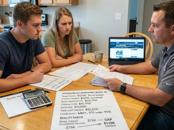 Buyer couple with loan officer reviewing real Boise affordability numbers for $515K median home—requiring $135K income, $51,200 total cash (down payment, closing, reserves), 680+ credit, under 43% DTI. Monthly cost breakdown shows $3,775 total. Comparison to $78K median Boise income reveals gap. Strategy worksheet visible.
