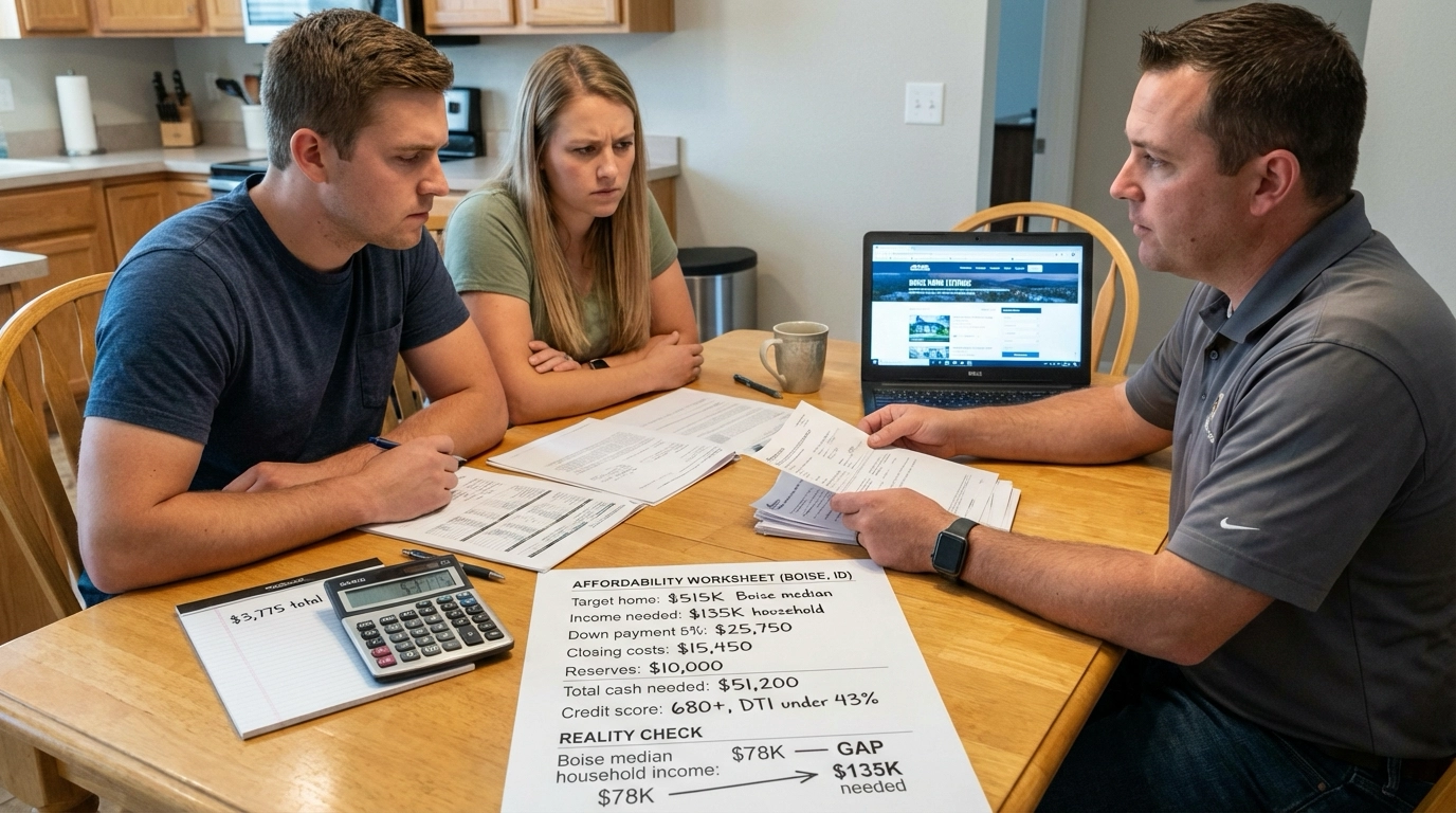 Buyer couple with loan officer reviewing real Boise affordability numbers for $515K median home—requiring $135K income, $51,200 total cash (down payment, closing, reserves), 680+ credit, under 43% DTI. Monthly cost breakdown shows $3,775 total. Comparison to $78K median Boise income reveals gap. Strategy worksheet visible.