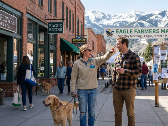 Eagle resident walking dog through downtown Eagle main street chatting with neighbor outside local coffee shop. Small-town character with local businesses and community atmosphere visible. Mountains in background. Resident showing newcomer community features like farmers market and walkable shops. Authentic local lifestyle and neighborly interactions evident.