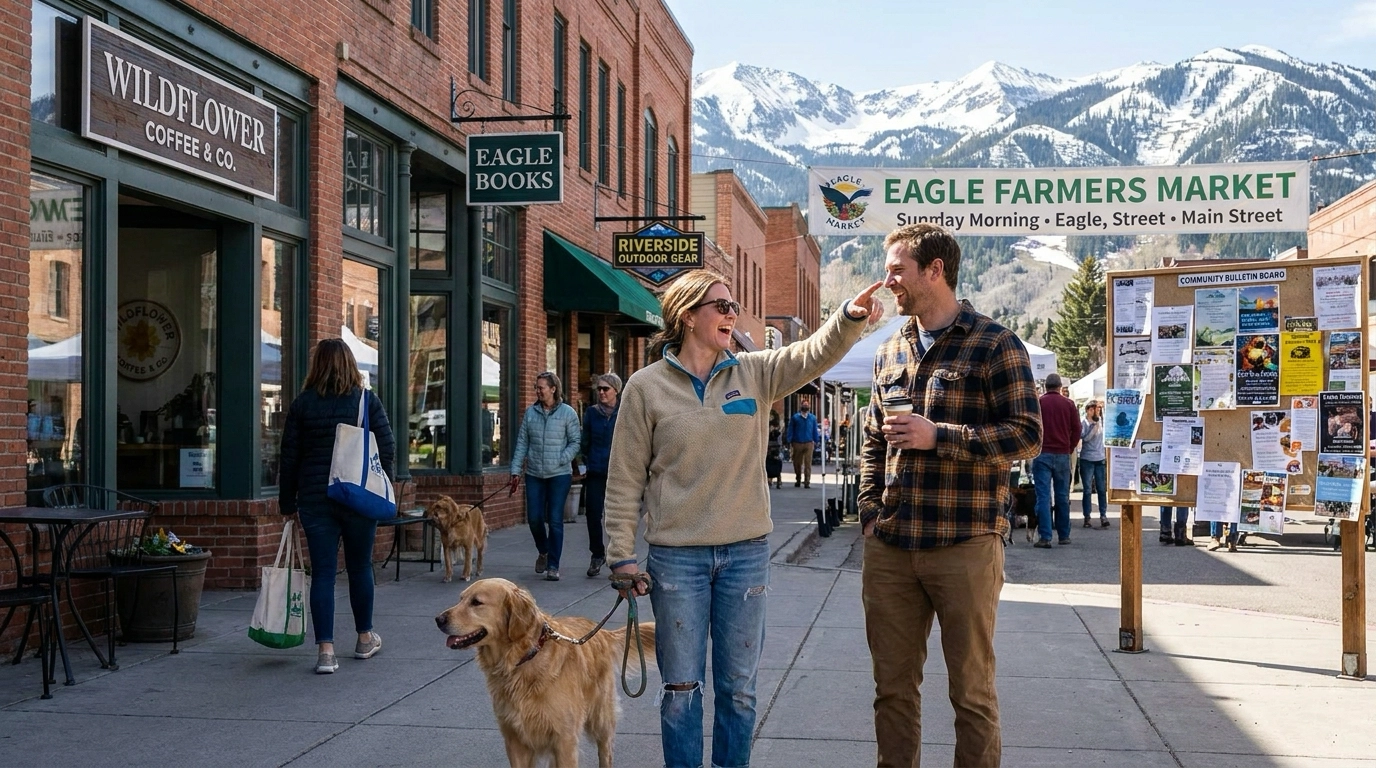 Eagle resident walking dog through downtown Eagle main street chatting with neighbor outside local coffee shop. Small-town character with local businesses and community atmosphere visible. Mountains in background. Resident showing newcomer community features like farmers market and walkable shops. Authentic local lifestyle and neighborly interactions evident.