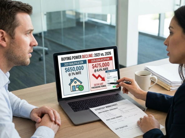 Buyer with mortgage broker reviewing buying power decline on laptop - 2021 qualification of $650K at 3% versus 2026 qualification of $475K at 6.4% on same income, losing $175K purchasing power. Calculator shows payment comparisons. Strategy worksheet displays adjustment options including down payment and price range changes.