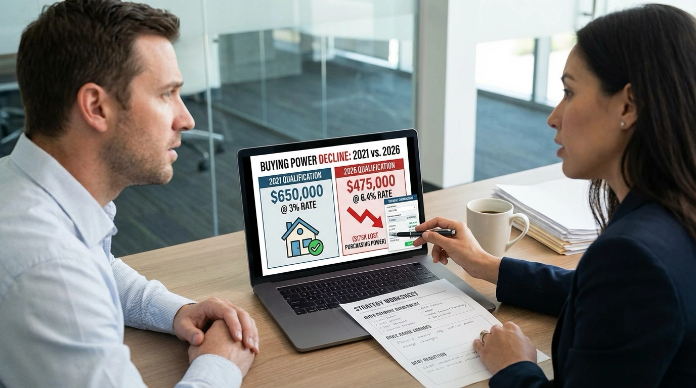 Buyer with mortgage broker reviewing buying power decline on laptop - 2021 qualification of $650K at 3% versus 2026 qualification of $475K at 6.4% on same income, losing $175K purchasing power. Calculator shows payment comparisons. Strategy worksheet displays adjustment options including down payment and price range changes.