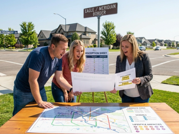 Relocating couple with realtor at Eagle-Meridian border reviewing misconception sheet. Documents correct assumptions showing Eagle's $625K median upscale market versus Meridian's $485K with more inventory. Map displays commute, schools, and lifestyle differences. Surprised learning expressions with both communities visible in background.