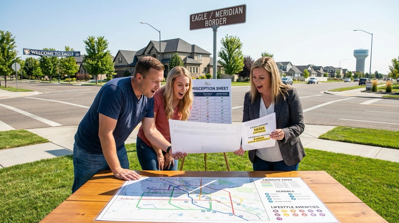 Relocating couple with realtor at Eagle-Meridian border reviewing misconception sheet. Documents correct assumptions showing Eagle's $625K median upscale market versus Meridian's $485K with more inventory. Map displays commute, schools, and lifestyle differences. Surprised learning expressions with both communities visible in background.