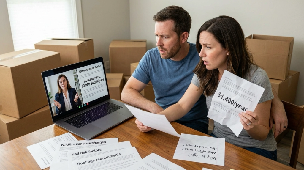 Relocating couple on video call with Idaho insurance agent reviewing quotes showing $2,800-$4,200 annual premiums versus their current $1,400 out-of-state cost. Documents explain wildfire zones, hail risk, and roof age requirements affecting Idaho rates. Moving boxes visible in background.