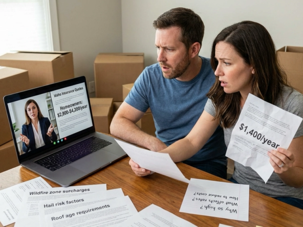 Relocating couple on video call with Idaho insurance agent reviewing quotes showing $2,800-$4,200 annual premiums versus their current $1,400 out-of-state cost. Documents explain wildfire zones, hail risk, and roof age requirements affecting Idaho rates. Moving boxes visible in background.