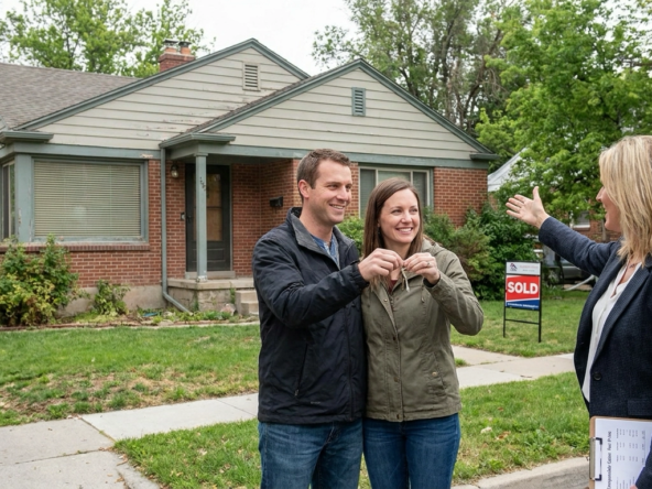 Satisfied buyers holding keys proudly in front of newly purchased Boise home with agent pointing out smart value decisions. Home shows solid condition needing minor cosmetics—good bones at fair price. Agent gesturing to value indicators like neighborhood quality and motivated seller pricing. Pleased expressions showing fair value secured. Realistic deal versus unrealistic bargain.