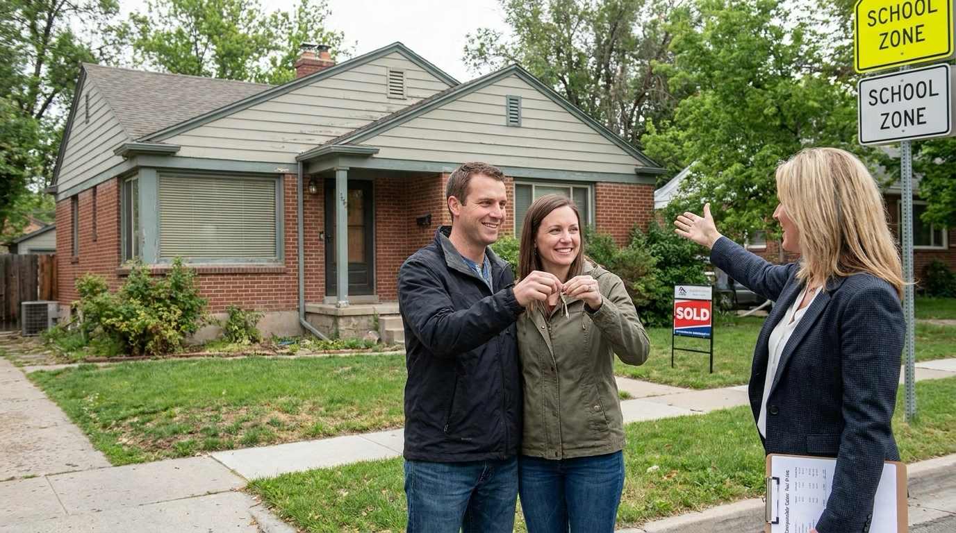 Satisfied buyers holding keys proudly in front of newly purchased Boise home with agent pointing out smart value decisions. Home shows solid condition needing minor cosmetics—good bones at fair price. Agent gesturing to value indicators like neighborhood quality and motivated seller pricing. Pleased expressions showing fair value secured. Realistic deal versus unrealistic bargain.