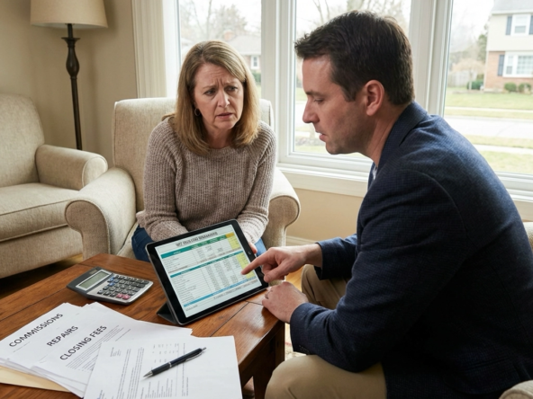 Seller in Eagle living room with agent reviewing comprehensive net proceeds breakdown on tablet. Calculator and stack of cost documents visible including commissions, repairs, closing fees. Serious expressions showing realization of difference between sale price and actual proceeds. Furnished home visible as asset being evaluated.