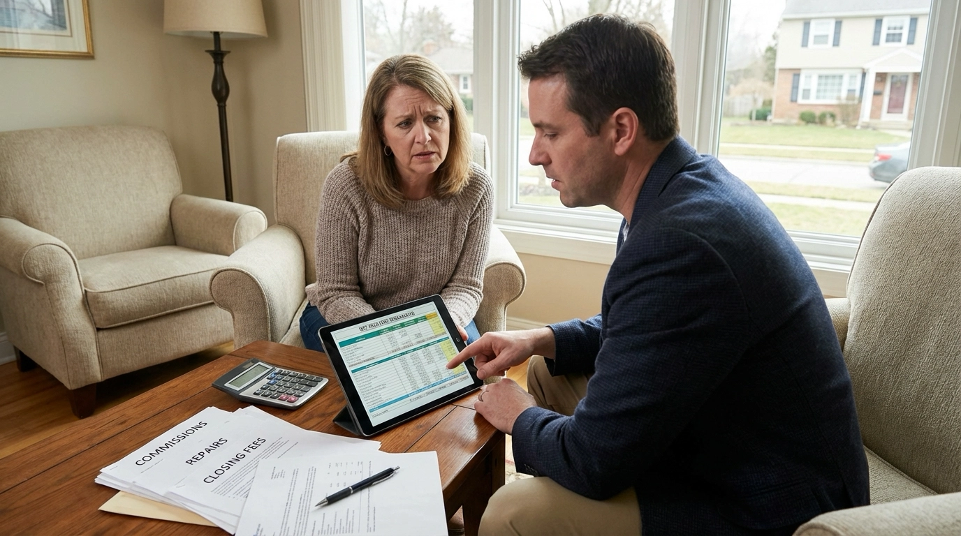 Seller in Eagle living room with agent reviewing comprehensive net proceeds breakdown on tablet. Calculator and stack of cost documents visible including commissions, repairs, closing fees. Serious expressions showing realization of difference between sale price and actual proceeds. Furnished home visible as asset being evaluated.