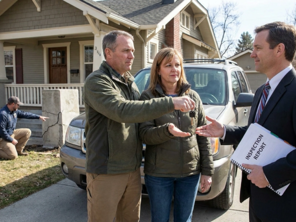 Buyer couple in Boise home driveway confidently returning keys to listing agent after inspection revealed deal-breakers. Their agent holds serious inspection report supportively. Resolute expressions showing difficult but clear decision to walk away. Contractor visible examining foundation issues in background. Empowered exit protecting buyer interests.