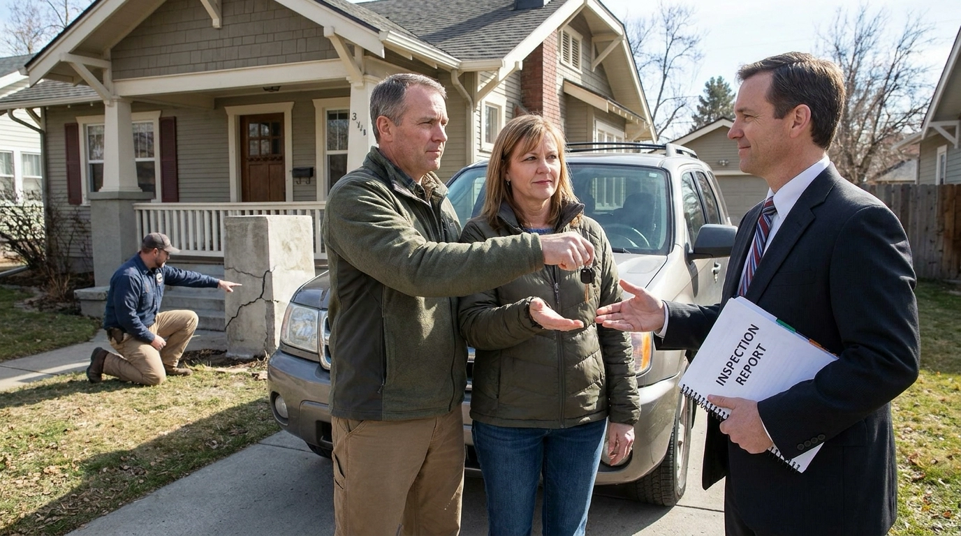 Buyer couple in Boise home driveway confidently returning keys to listing agent after inspection revealed deal-breakers. Their agent holds serious inspection report supportively. Resolute expressions showing difficult but clear decision to walk away. Contractor visible examining foundation issues in background. Empowered exit protecting buyer interests.
