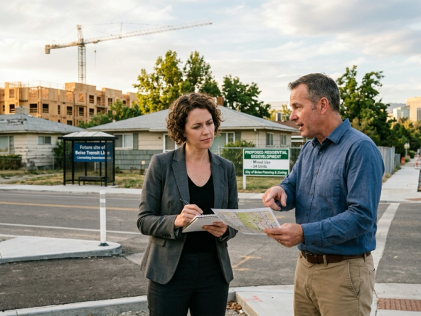Investment-minded buyer in emerging Boise neighborhood showing development signs—new infrastructure, increased attention, proximity to Micron or downtown. Agent pointing to appreciation indicators—amenities, rezoning, developer interest, transit plans. Strategic forward-thinking expression analyzing future potential. Mix of older properties and redevelopment suggesting transition. Growth direction and value trajectory evident. Analytical assessment of appreciation fundamentals. Area poised for transformation