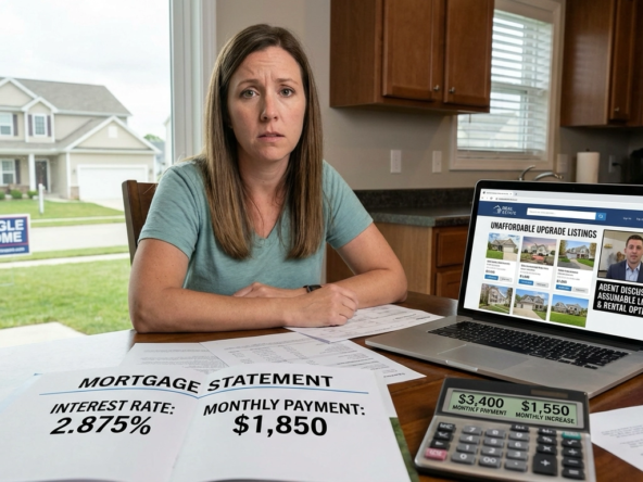 Homeowner viewing mortgage statement with 2.875% rate and $1,850 payment beside calculator showing $3,400 payment at 6.5% for move-up home - $1,550 monthly increase. Laptop displays unaffordable upgrade listings. Agent video call discusses assumable loans and rental options. Current Eagle home visible through window.