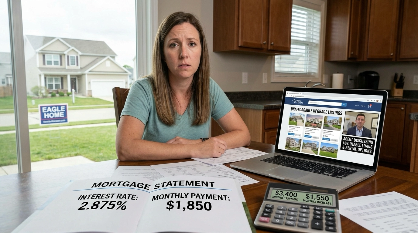Homeowner viewing mortgage statement with 2.875% rate and $1,850 payment beside calculator showing $3,400 payment at 6.5% for move-up home - $1,550 monthly increase. Laptop displays unaffordable upgrade listings. Agent video call discusses assumable loans and rental options. Current Eagle home visible through window.