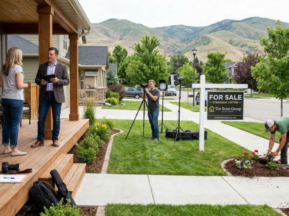 Realtor with homeowner on porch discussing strategic marketing plan while professional photographer sets up, yard sign is positioned, and landscaper completes curb appeal work. Multiple coordinated preparation elements visible showing intentional strategy versus passive listing approach. Boise neighborhood with foothills backdrop.