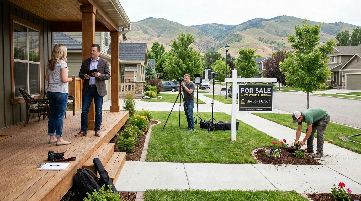 Realtor with homeowner on porch discussing strategic marketing plan while professional photographer sets up, yard sign is positioned, and landscaper completes curb appeal work. Multiple coordinated preparation elements visible showing intentional strategy versus passive listing approach. Boise neighborhood with foothills backdrop.