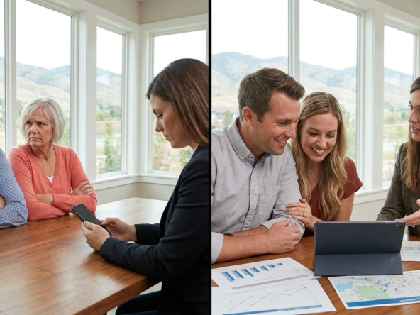 Split scene showing skeptical buyer with distracted phone-focused agent versus engaged buyer with attentive consultative agent actively listening and sharing market insights on tablet. Contrast between dismissive and dedicated agent behavior. Buyer expressions show wariness versus trust. Boise home setting.