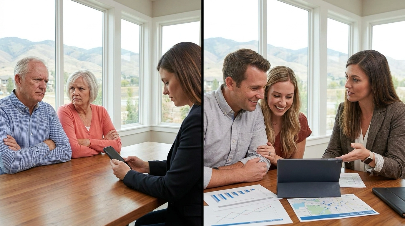Split scene showing skeptical buyer with distracted phone-focused agent versus engaged buyer with attentive consultative agent actively listening and sharing market insights on tablet. Contrast between dismissive and dedicated agent behavior. Buyer expressions show wariness versus trust. Boise home setting.