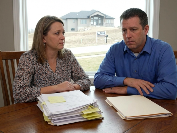 Seller and agent reviewing thick stack of offer documents with multiple contingency addendums versus lean clean offer for comparison. Concerned expressions while evaluating complexity. Eagle home visible through window.