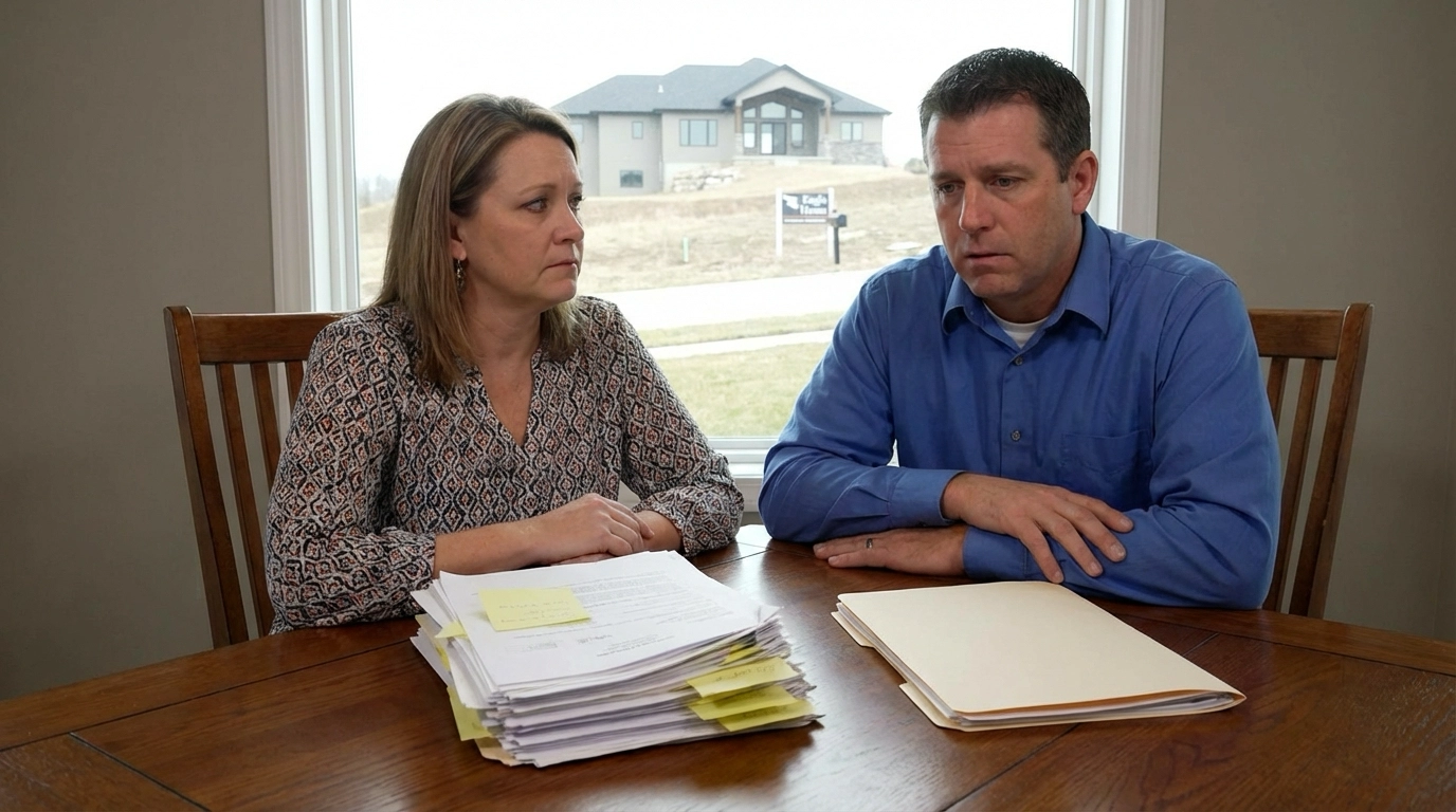 Seller and agent reviewing thick stack of offer documents with multiple contingency addendums versus lean clean offer for comparison. Concerned expressions while evaluating complexity. Eagle home visible through window.