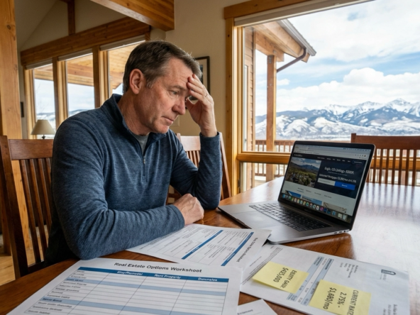 Eagle homeowner reviewing $425K equity gain but hesitating due to mortgage rate lock-in—current 2.75% at $1,680 versus 6.5% new mortgage at $3,200 monthly. Move-up listings at $850K displayed. Options worksheet shows stay/remodel, rent property, or downsize strategies. Eagle mountain views through window showing home they're reluctant to leave.