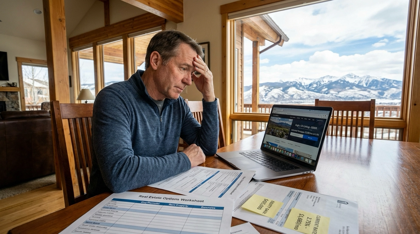 Eagle homeowner reviewing $425K equity gain but hesitating due to mortgage rate lock-in—current 2.75% at $1,680 versus 6.5% new mortgage at $3,200 monthly. Move-up listings at $850K displayed. Options worksheet shows stay/remodel, rent property, or downsize strategies. Eagle mountain views through window showing home they're reluctant to leave.