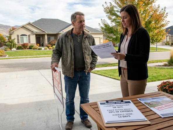 Meridian homeowner holding unplanted for-sale sign looking hesitant. Porch table displays market report showing 42% inventory increase and 38% price reductions. Neighbor's reduced-price listing visible. Agent provides reassuring consultation about strategic selling approach. Meridian neighborhood with mountain views.