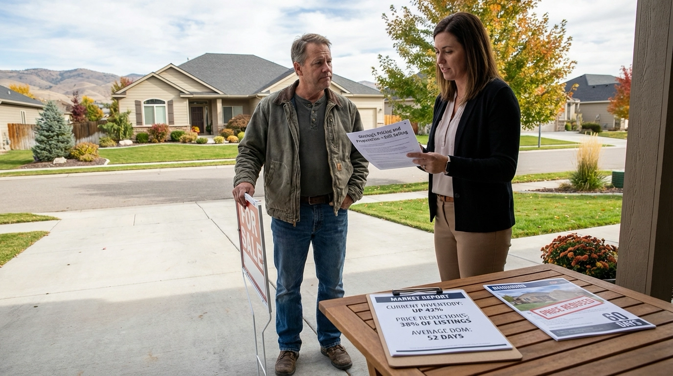 Meridian homeowner holding unplanted for-sale sign looking hesitant. Porch table displays market report showing 42% inventory increase and 38% price reductions. Neighbor's reduced-price listing visible. Agent provides reassuring consultation about strategic selling approach. Meridian neighborhood with mountain views.