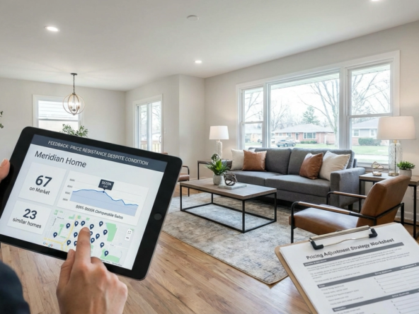 Updated Meridian home with modern finishes but showing Day 67 on market. Agent's tablet reveals overpricing issue - listed at $625K versus $595-$605K comparable sales. Feedback shows price resistance despite condition. Competition map shows 23 similar homes nearby. Pricing adjustment strategy worksheet visible.