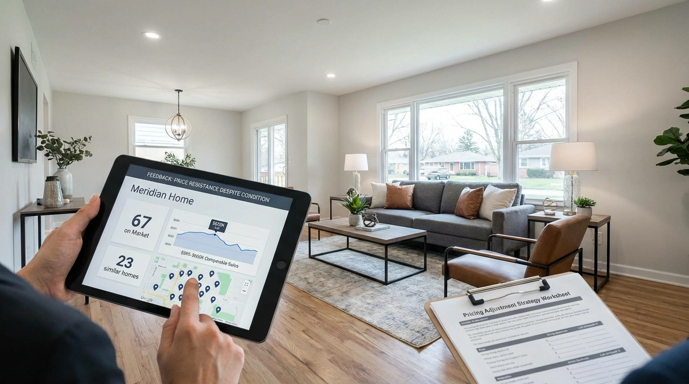 Updated Meridian home with modern finishes but showing Day 67 on market. Agent's tablet reveals overpricing issue - listed at $625K versus $595-$605K comparable sales. Feedback shows price resistance despite condition. Competition map shows 23 similar homes nearby. Pricing adjustment strategy worksheet visible.