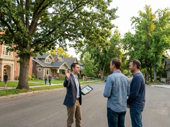 Agent on Boise street pointing to properties showing different pricing stories—one with reduced price sign, another pending after quick sale, third sitting longer with aged listing. Agent illustrating mixed signals and stabilization versus clear trend. Buyer engaged but confused by conflicting data. Market showing nuanced adjustment not dramatic direction. Balanced gestures suggesting sideways movement. Complex reality beyond simple up-or-down evident in varied outcomes on same street.