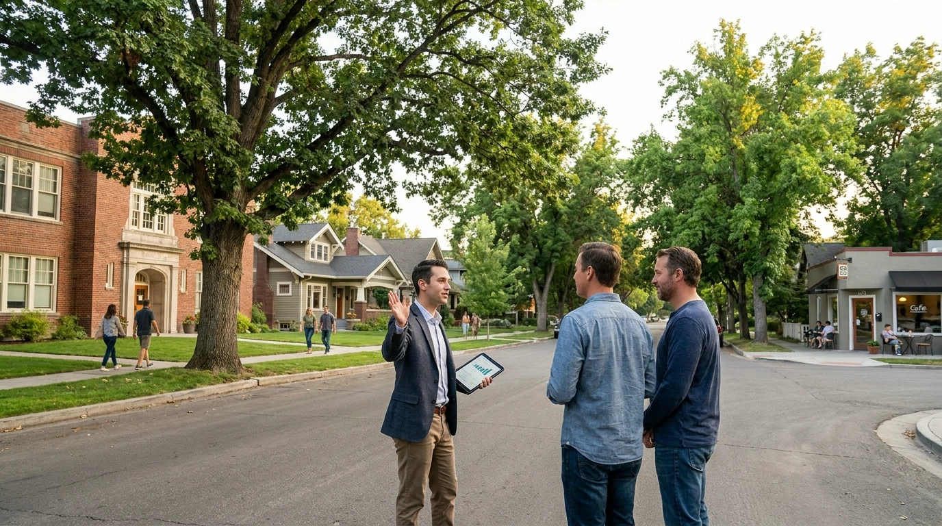 Agent on Boise street pointing to properties showing different pricing stories—one with reduced price sign, another pending after quick sale, third sitting longer with aged listing. Agent illustrating mixed signals and stabilization versus clear trend. Buyer engaged but confused by conflicting data. Market showing nuanced adjustment not dramatic direction. Balanced gestures suggesting sideways movement. Complex reality beyond simple up-or-down evident in varied outcomes on same street.