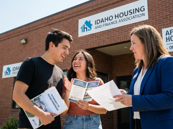 Hopeful first-time buyers outside Idaho Housing and Finance Association or affordable housing center holding down payment assistance program materials with excited relieved expressions. Housing counselor explaining eligibility and benefits. Couple examining brochures showing pathways to homeownership previously thought unreachable. Counselor pointing to assistance making ownership accessible. Optimistic body language showing newfound possibility. Idaho resources making first-time buying achievable. Educational moment opening doors through down payment support. Transformation from discouraged to empowered discovering assistance for qualified Idaho buyers.